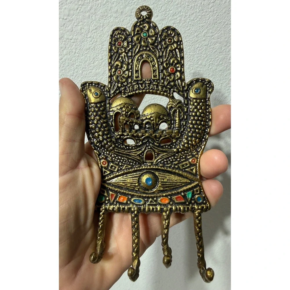 Tamar Holy Land Brass Hamsa Jerusalem Evil Eye Wall Hook Rack Vintage Israel
